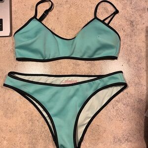 Victoria's Secret Teal Bikini with Black Trim Size Small Sporty